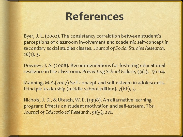 References Byer, J. L. (2002). The consistency correlation between student's perceptions of classroom involvement