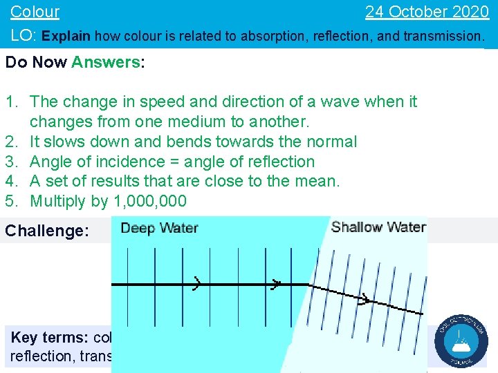 24 October 2020 Colour LO: Explain how colour is related to absorption, reflection, and