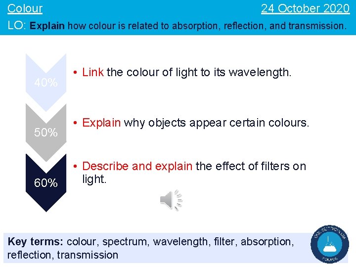 24 October 2020 Colour LO: Explain how colour is related to absorption, reflection, and