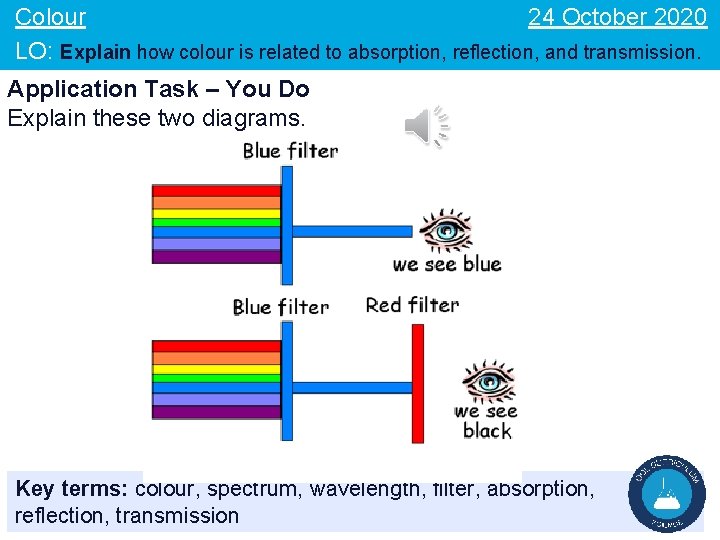 24 October 2020 Colour LO: Explain how colour is related to absorption, reflection, and