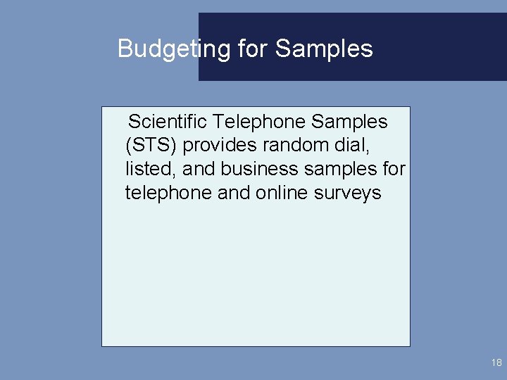 Budgeting for Samples Scientific Telephone Samples (STS) provides random dial, listed, and business samples
