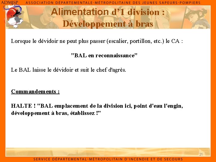 Alimentation d’ 1 division : Développement à bras Lorsque le dévidoir ne peut plus Alimentation d’ 1 division : Développement à bras Lorsque le dévidoir ne peut plus