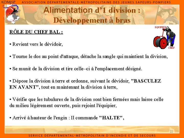 Alimentation d’ 1 division : Développement à bras RÔLE DU CHEF BAL : •