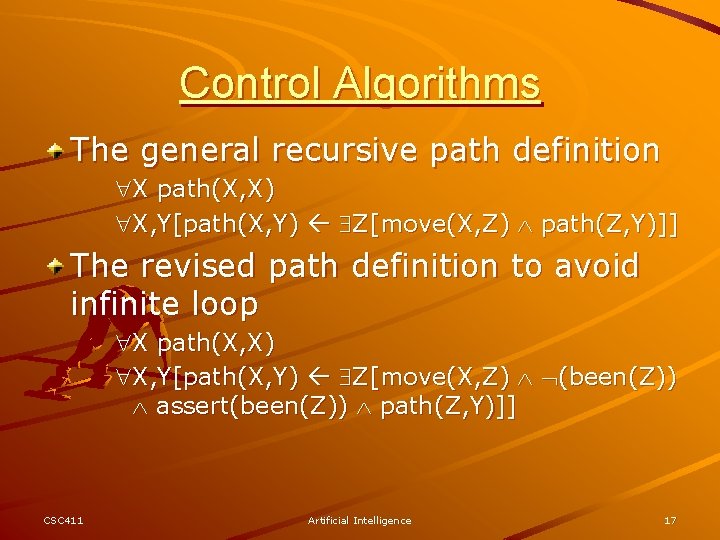 Control Algorithms The general recursive path definition X path(X, X) X, Y[path(X, Y) Z[move(X,