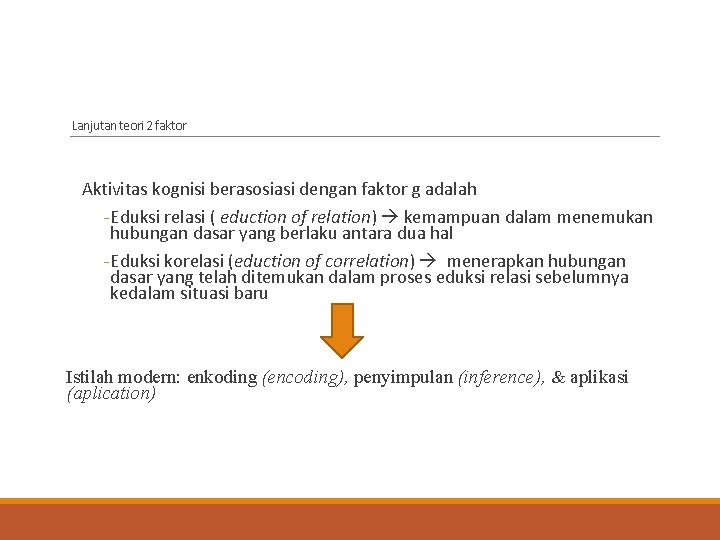 Lanjutan teori 2 faktor Aktivitas kognisi berasosiasi dengan faktor g adalah - Eduksi relasi