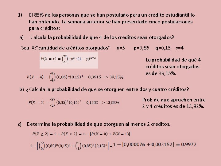 1) a) El 85% de las personas que se han postulado para un crédito