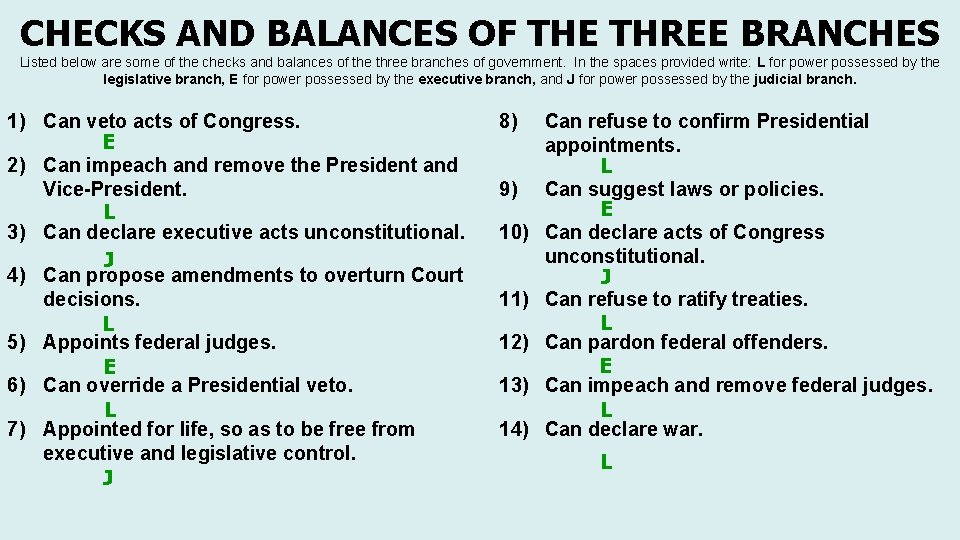 CHECKS AND BALANCES OF THE THREE BRANCHES Listed below are some of the checks