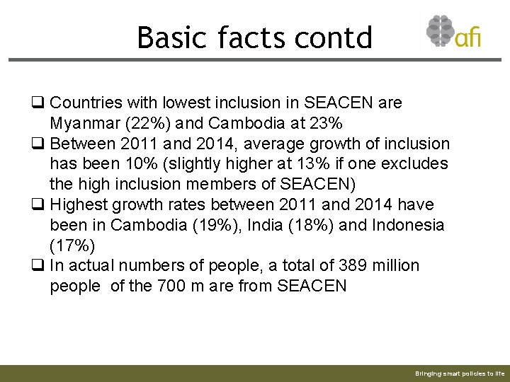 Basic facts contd q Countries with lowest inclusion in SEACEN are Myanmar (22%) and