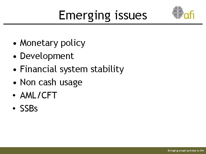 Emerging issues • • • Monetary policy Development Financial system stability Non cash usage