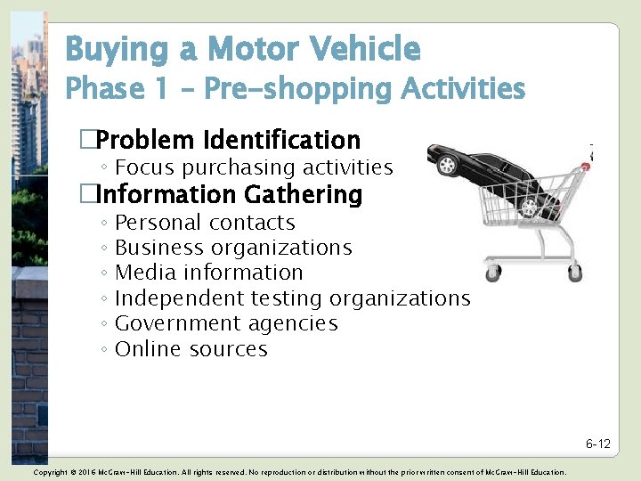 Buying a Motor Vehicle Phase 1 – Pre-shopping Activities �Problem Identification ◦ Focus purchasing