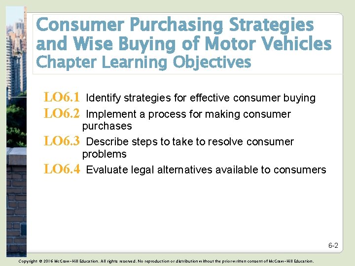 Consumer Purchasing Strategies and Wise Buying of Motor Vehicles Chapter Learning Objectives LO 6.