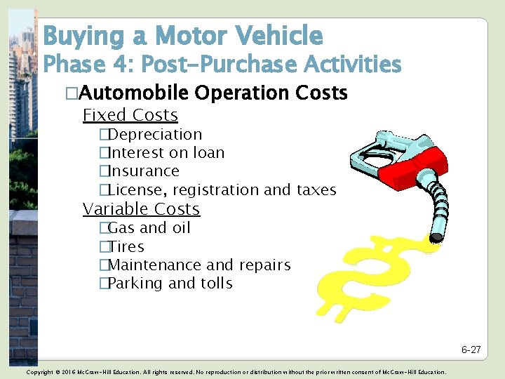 Buying a Motor Vehicle Phase 4: Post-Purchase Activities �Automobile Operation Costs Fixed Costs �Depreciation