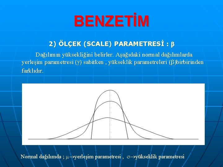 BENZETİM 2) ÖLÇEK (SCALE) PARAMETRESİ : Dağılımın yüksekliğini belirler. Aşağıdaki normal dağılımlarda yerleşim parametresi