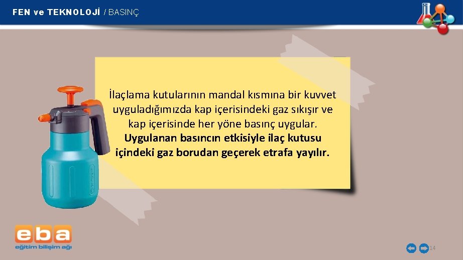 FEN ve TEKNOLOJİ / BASINÇ İlaçlama kutularının mandal kısmına bir kuvvet uyguladığımızda kap içerisindeki