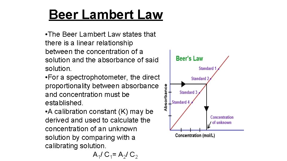 Beer Lambert Law • The Beer Lambert Law states that there is a linear