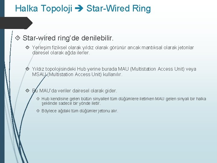Halka Topoloji Star-Wired Ring Star-wired ring’de denilebilir. Yerleşim fiziksel olarak yıldız olarak görünür ancak