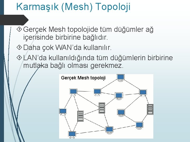 Karmaşık (Mesh) Topoloji Gerçek Mesh topolojide tüm düğümler ağ içerisinde birbirine bağlıdır. Daha çok