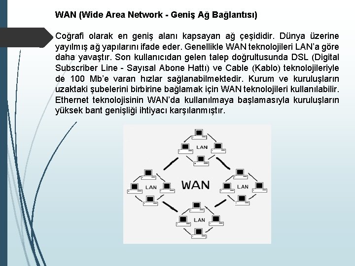 WAN (Wide Area Network - Geniş Ağ Bağlantısı) Coğrafi olarak en geniş alanı kapsayan