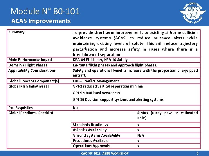 Module N° B 0 -101 ACAS Improvements Summary Main Performance Impact Domain / Flight