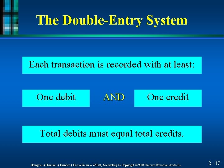 The Double-Entry System Each transaction is recorded with at least: One debit AND One