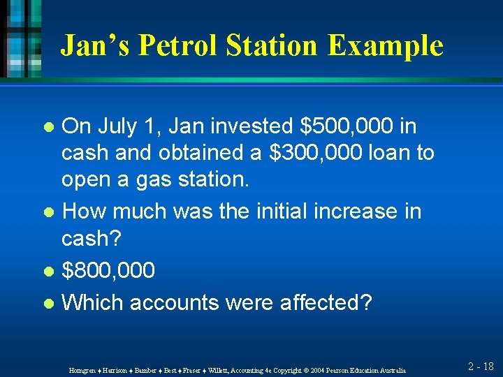 Jan’s Petrol Station Example On July 1, Jan invested $500, 000 in cash and