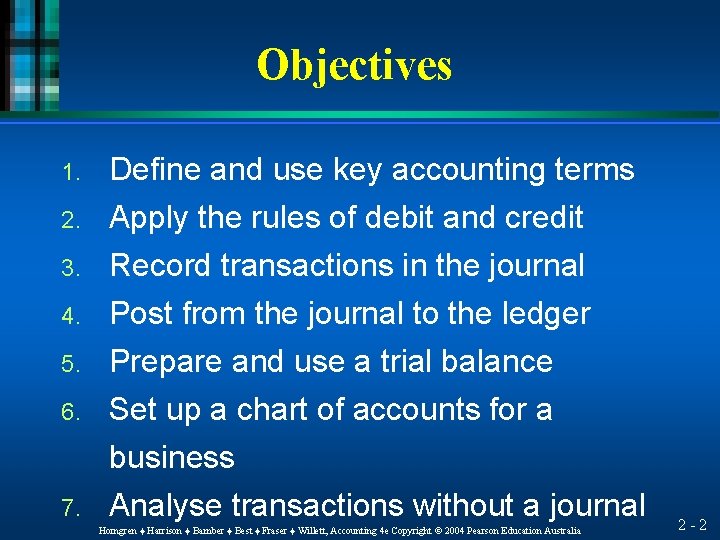 Objectives 1. Define and use key accounting terms 2. Apply the rules of debit