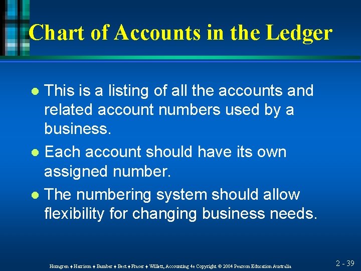 Chart of Accounts in the Ledger This is a listing of all the accounts