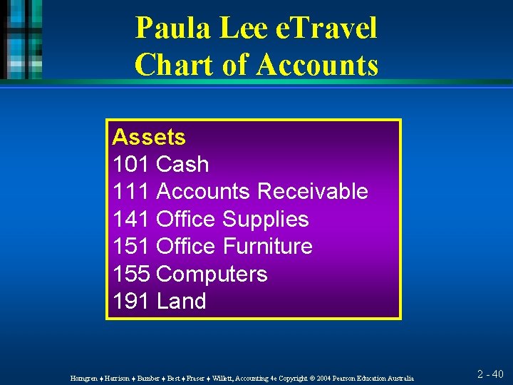 Paula Lee e. Travel Chart of Accounts Assets 101 Cash 111 Accounts Receivable 141