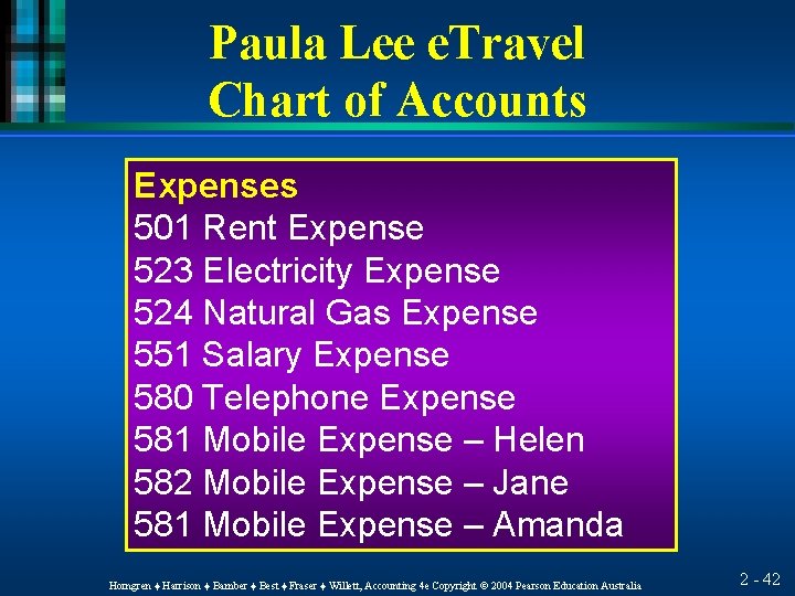 Paula Lee e. Travel Chart of Accounts Expenses 501 Rent Expense 523 Electricity Expense