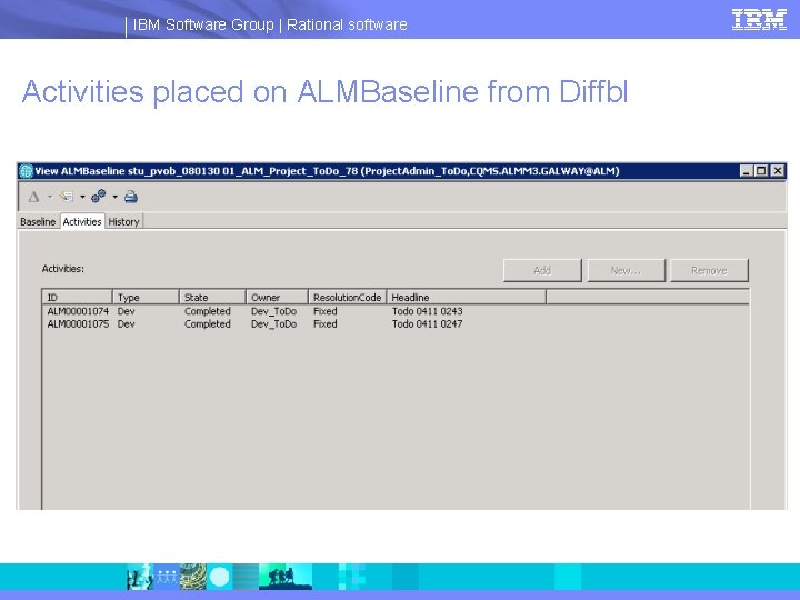 IBM Software Group | Rational software Activities placed on ALMBaseline from Diffbl 