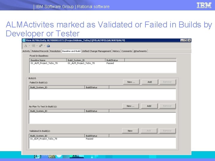 IBM Software Group | Rational software ALMActivites marked as Validated or Failed in Builds