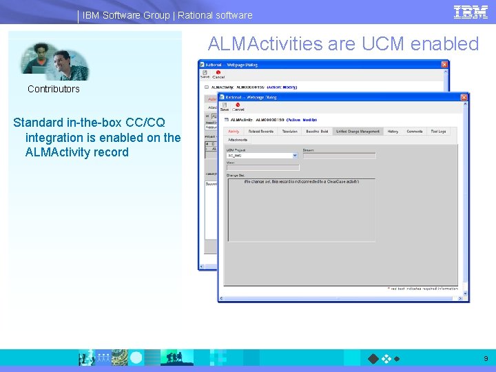 IBM Software Group | Rational software ALMActivities are UCM enabled Contributors Standard in-the-box CC/CQ