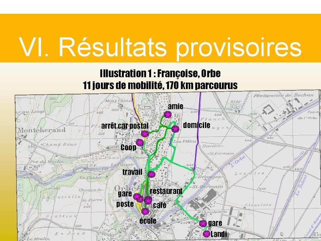 VI. Résultats provisoires Illustration 1 : Françoise, Orbe 11 jours de mobilité, 170 km