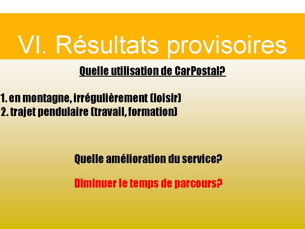 VI. Résultats provisoires Quelle utilisation de Car. Postal? 1. en montagne, irrégulièrement (loisir) 2.