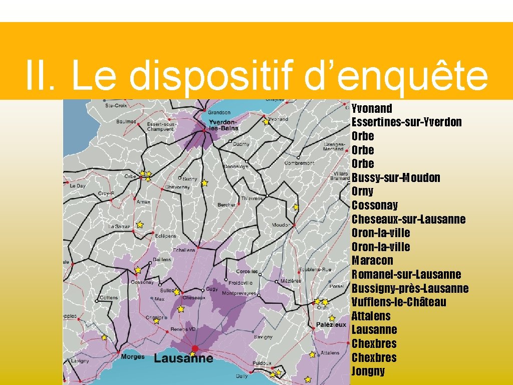 II. Le dispositif d’enquête Yvonand Essertines-sur-Yverdon Orbe Bussy-sur-Moudon Orny Cossonay Cheseaux-sur-Lausanne Oron-la-ville Maracon Romanel-sur-Lausanne