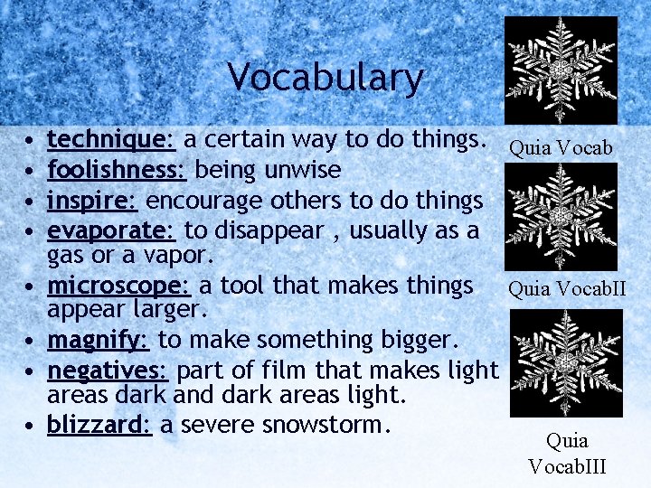 Vocabulary • • technique: a certain way to do things. Quia Vocab foolishness: being
