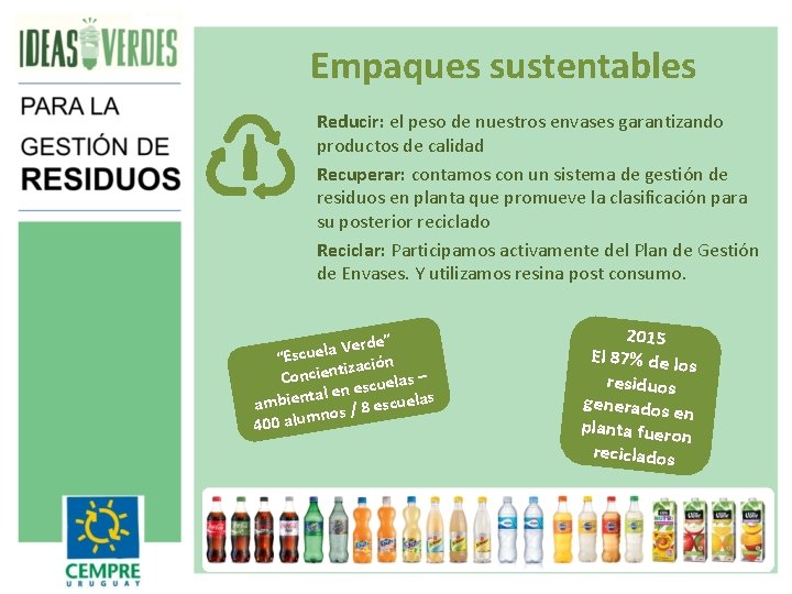 Empaques sustentables Reducir: el peso de nuestros envases garantizando productos de calidad Recuperar: contamos