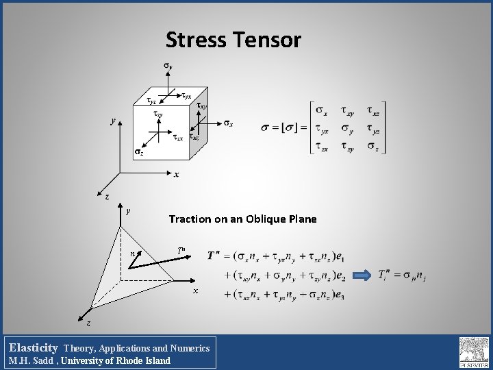 Stress Tensor y n Traction on an Oblique Plane Tn x z Elasticity Theory, Stress Tensor y n Traction on an Oblique Plane Tn x z Elasticity Theory,