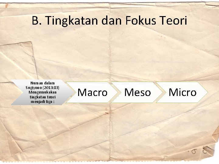 B. Tingkatan dan Fokus Teori Numan dalam Sugiyono (2013: 83) Mengemukakan tingkatan teori menjadi