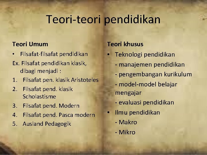 Teori-teori pendidikan Teori Umum Teori khusus • Filsafat-filsafat pendidikan Ex. Filsafat pendidikan klasik, dibagi