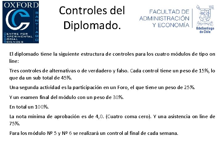 Controles del Diplomado. El diplomado tiene la siguiente estructura de controles para los cuatro