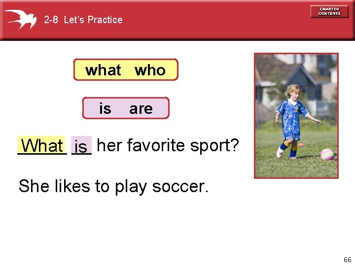 2 -8 Let’s Practice what who is are _____ __ her favorite sport? What