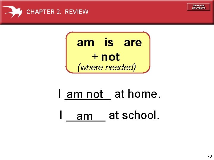 CHAPTER 2: REVIEW am is are + not (where needed) I _______ at home.