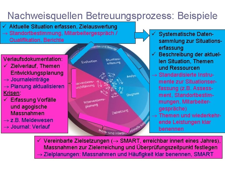 Nachweisquellen Betreuungsprozess: Beispiele ü Aktuelle Situation erfassen, Zielauswertung Standortbestimmung, Mitarbeitergespräch / Qualifikation, Berichte Verlaufsdokumentation: