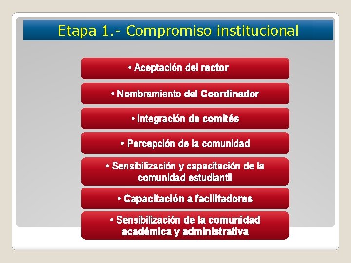 Etapa 1. - Compromiso institucional • Aceptación del rector • Nombramiento del Coordinador •