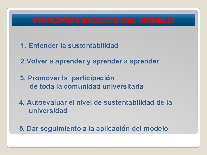 PRINCIPIOS BÁSICOS DEL MODELO 1. Entender la sustentabilidad 2. Volver a aprender y aprender