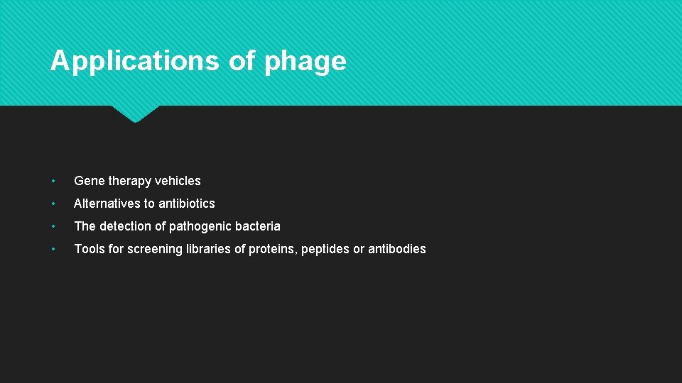 Applications of phage • Gene therapy vehicles • Alternatives to antibiotics • The detection