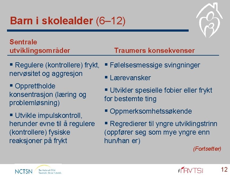 Barn i skolealder (6– 12) Sentrale utviklingsområder Traumers konsekvenser § Regulere (kontrollere) frykt, §