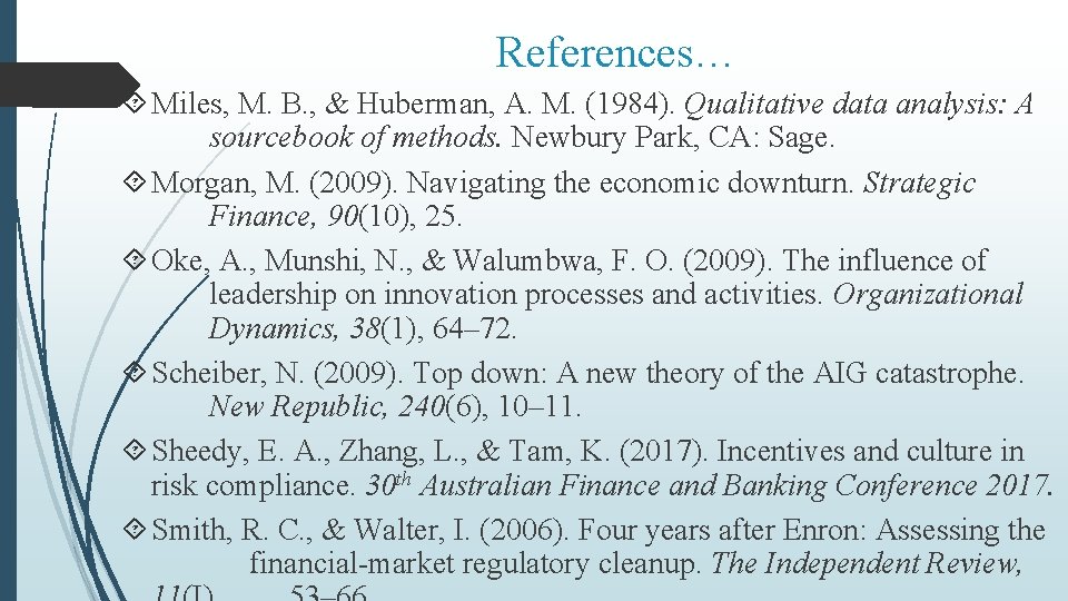 References… Miles, M. B. , & Huberman, A. M. (1984). Qualitative data analysis: A