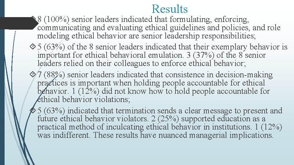 Results 8 (100%) senior leaders indicated that formulating, enforcing, communicating and evaluating ethical guidelines